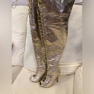 Liliana lace up peep toe high heel over the knee stiletto boots gold 5.5